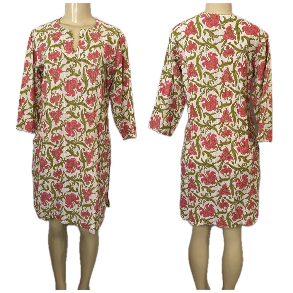 Westside Tunic Floral Dress 3/4 Sleeve 100% Cotton Pullover Beaded Hem Medium